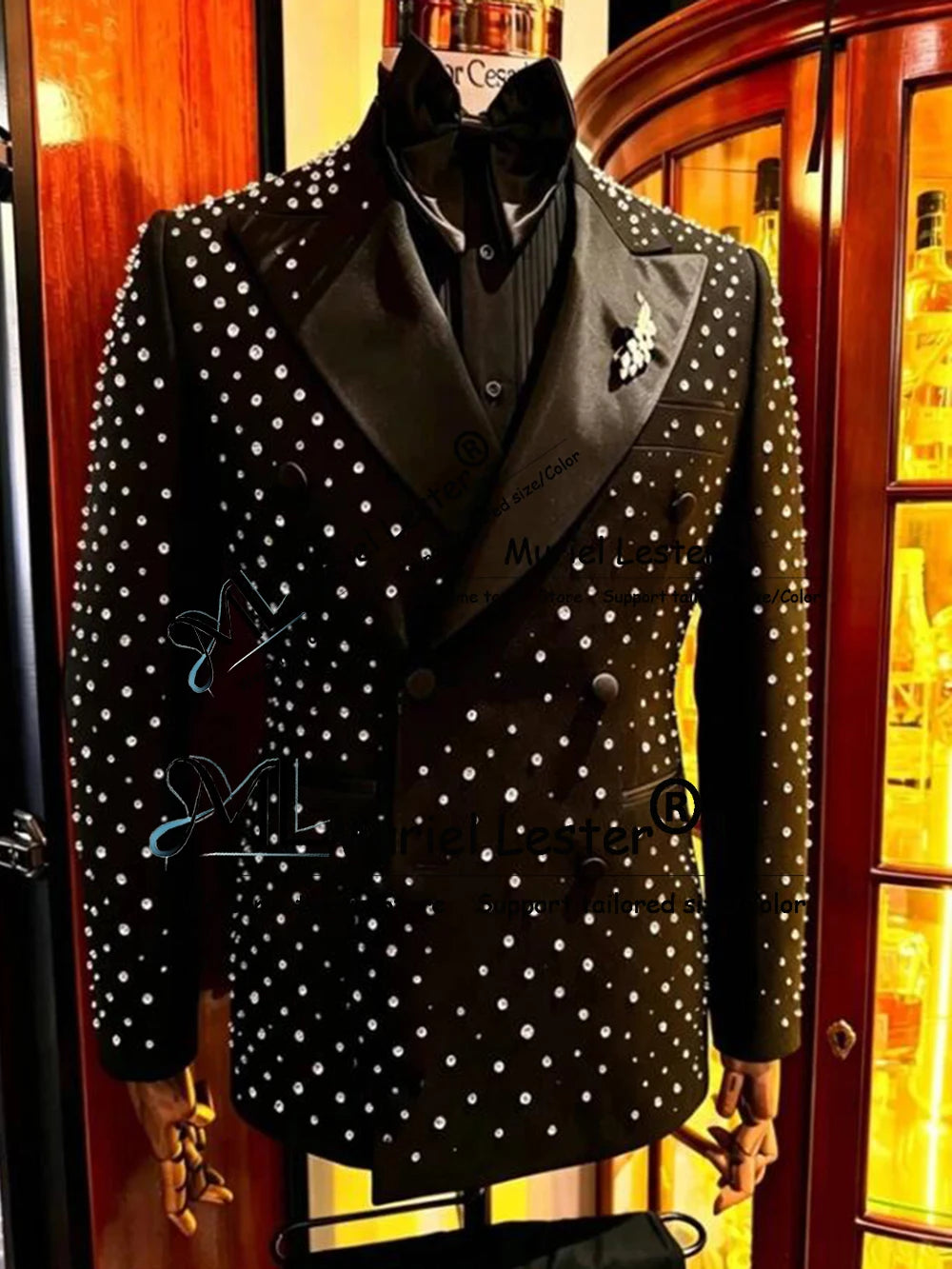 Luxury Crystal Rhinestone Men Suit For Wedding 2 Pieces Sets Double Breasted Jacket Pants 2 Pieces Sets Groom Tuxedo Ropa Hombre