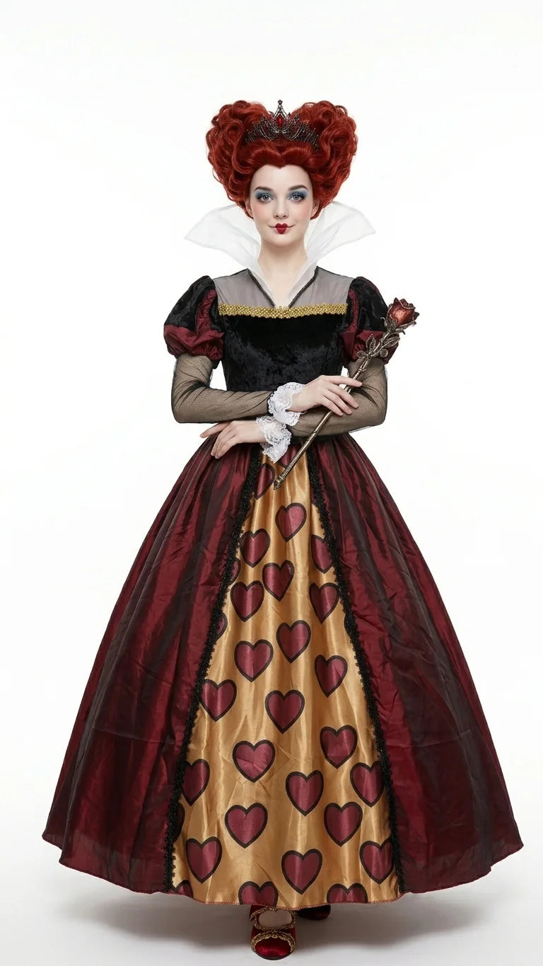 Women Queen of Hearts Costume Red Black Dress with Crown Scepter for Halloween Alice Cosplay Part