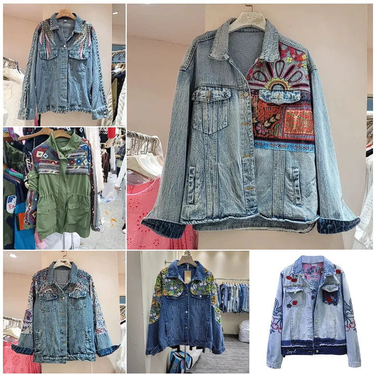 European and American style heavy industry embroidery splicing denim jacket 2025 new print loose casual denim women's jacket top