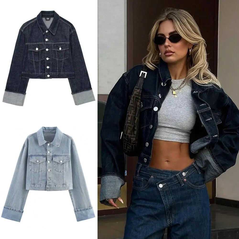HH Denim Jacket For Women Vintage Single Breasted Lapel Long Sleeve Jackets Fashion Female High Street Outerwear Denim Coats