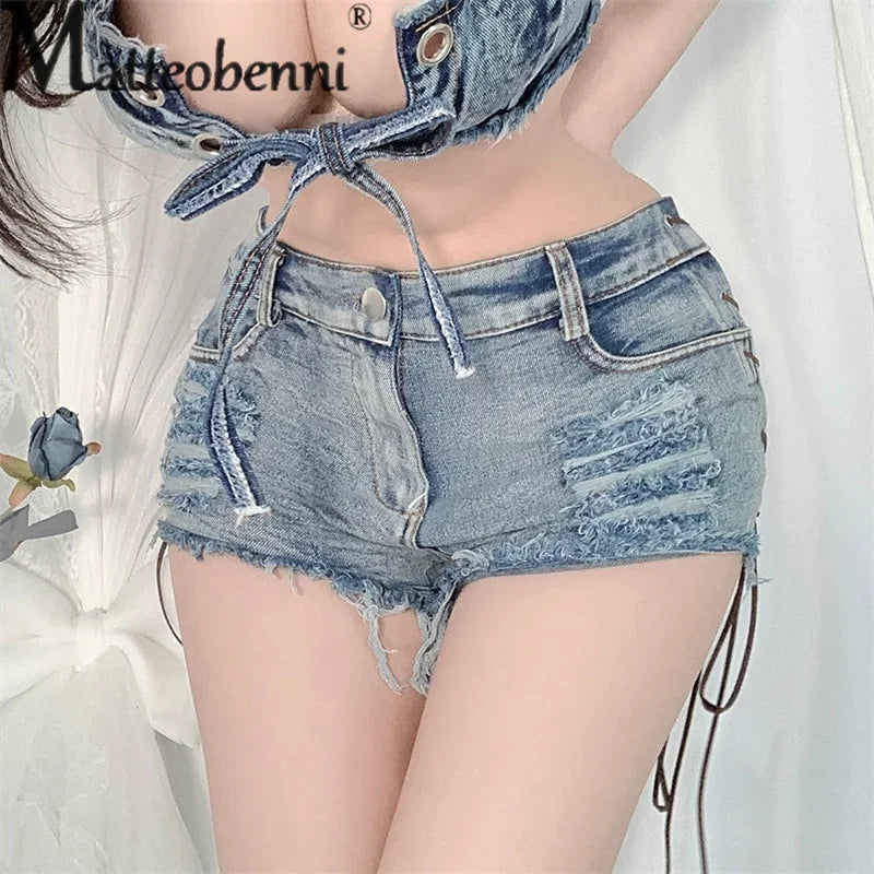 Sexy Hollow Out Lace-up Patchwork Cloth Ultra-short Shorts Ladies Nightclub Wear Women High Waist Denim Three Quarter Pants New