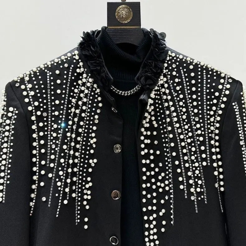 Fashion Men's Jacket Spring Autumn High-End Pearl Niche Personality Design Short Men's Stand Collar Coat