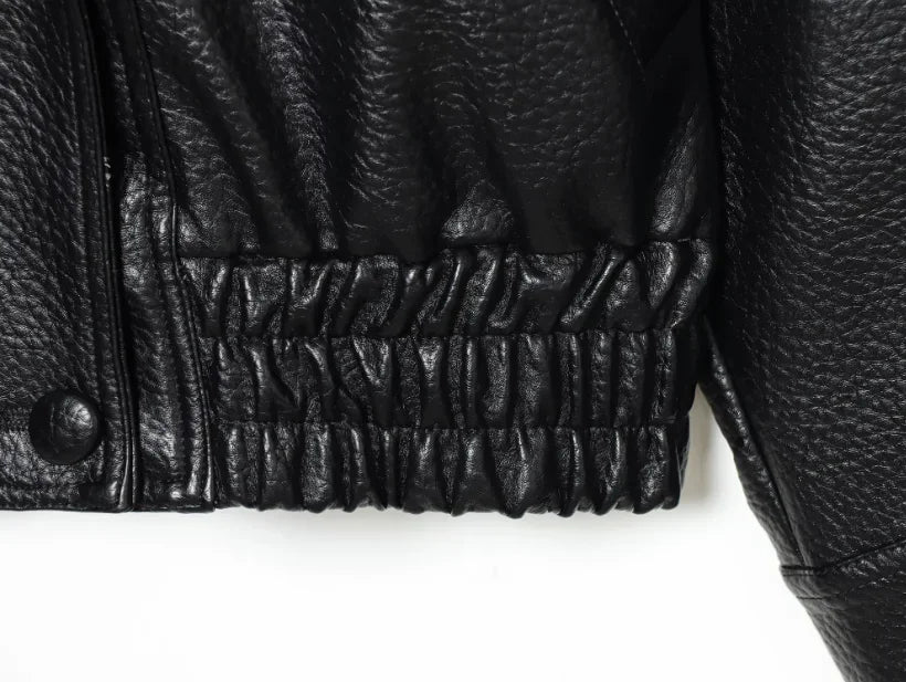 Women Fur Collar Faux Leather Jacket Pebbled Pu Cropped Coat Double Breasted Epaulet Loose 2026 Vintage  Autumn Trendy Outerwear