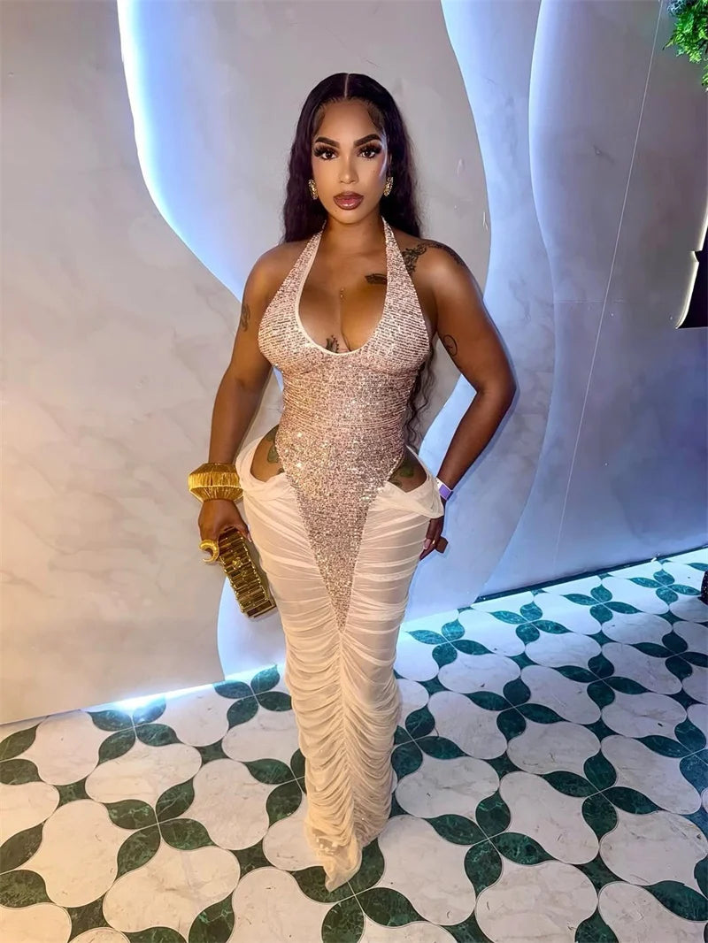 Sexy Glitter Sequins Party Evening Dresses Women Luxury Celebrity Sheer Mesh Patchwork Cut Out Formal Ruched Bodycon Maxi Dress