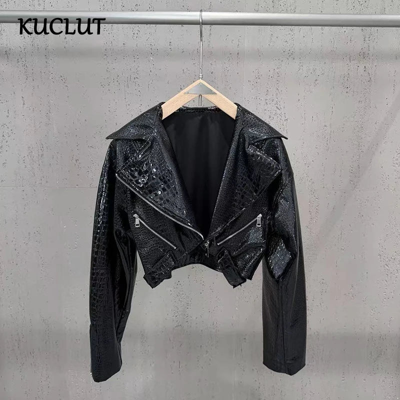 KUCLUT 2026 Autumn New Fashion Shiny Pattern PU Leather Motorcycle Style Short Jacket For Women Suit Collar Zipper Coat 1A4441