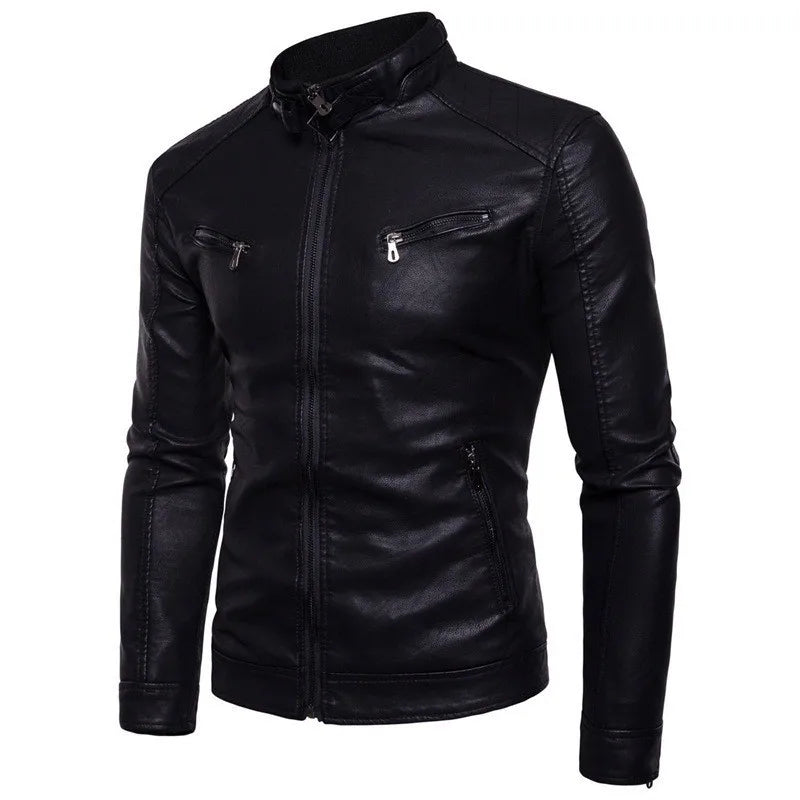 Men's Motorcycle Leather Jacket Autumn Winter Stand Collar Biker Jacket Korean Fashion PU Leather Coat Slim Fit Men's Outerwear