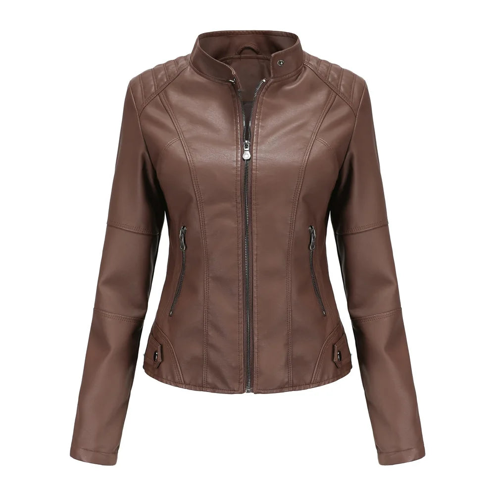 Women Moto Biker Zipper Jacket 2026 Faux Leather Jacket Women Spring Autumn Coat Black Brown Red Purple Navy Coffee Black XS 4XL