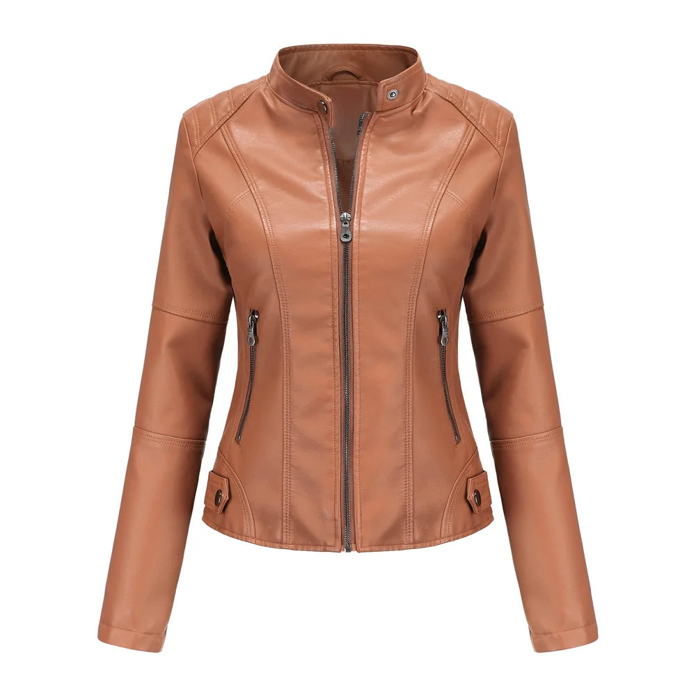 Women's Leather Jacket Women's Slim-Fit Jacket Thin Autumn Jacket Women's Biker Jacket Large Size Standing Collar Leather Jacket