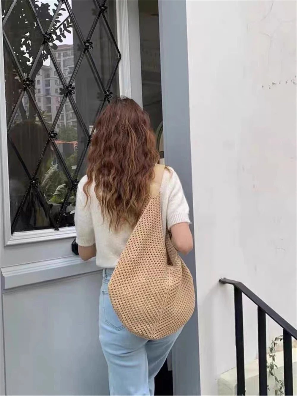 Lattice Large Capacity Woven Bag 2025 Spring Summer New Women's Beach Vacation Single Shoulder Simple Versatile Casual Tote Bags