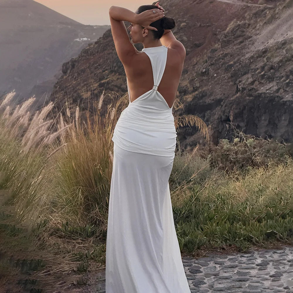 JULISSA MO Sexy Backless High Slit Ruched Women Maxi Dress Sleeveless Round Neck Dress Autumn Skinny Elegant Party Evening Dress
