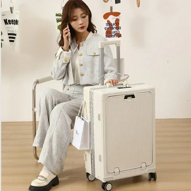 Front Opening Large Capacity Rolling Luggage Case Aluminum Frame ABS+PC Trolley Case Suitcase USB Charging Boarding Case