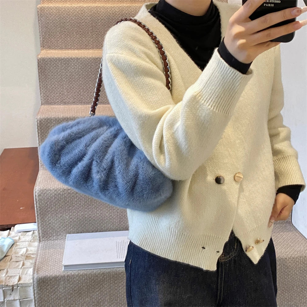 MOODS Pleated Design Faux Fur Shoulder Bags For Women 2024 Luxury Designer Purses And Handbags Winter Warm Soft Plush Hobo Bags