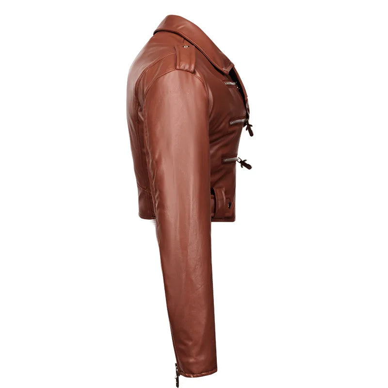 New Women slim short leather jacket plus cotton high waist long sleeve lapel diagonal zipper leather jacket pu motorcycle suit