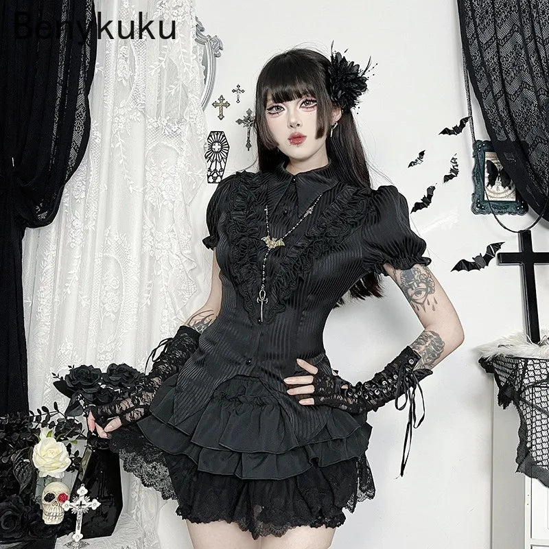 Gothic Punk Girls Kawaii High Waist Shorts Skirts Lolita Vintage Lace Ruffles Shorts Y2k E-girl Black Women Pumpkin Bloomers