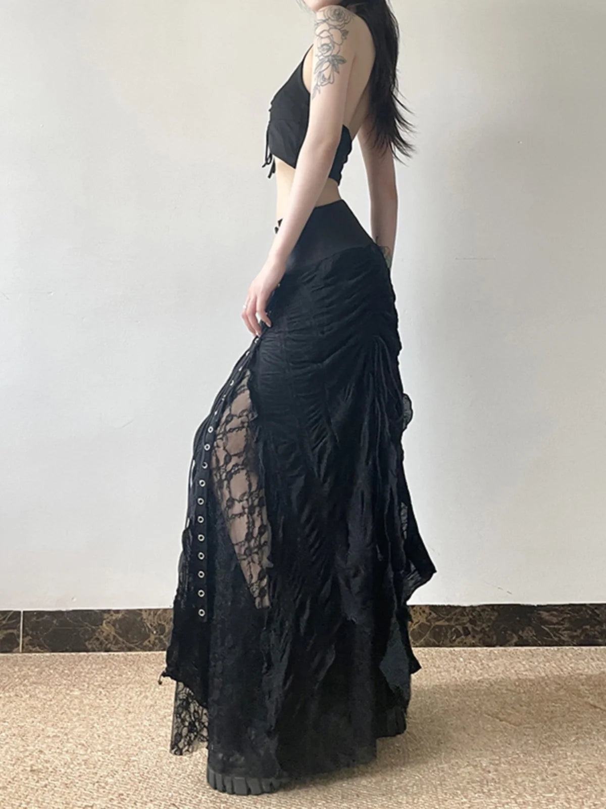 Gothic Long Skirt Bandage Lace Mesh Patchwork High Waist A Line Drawstring Split Black Skirt Irregular Aesthetic Female Fashion