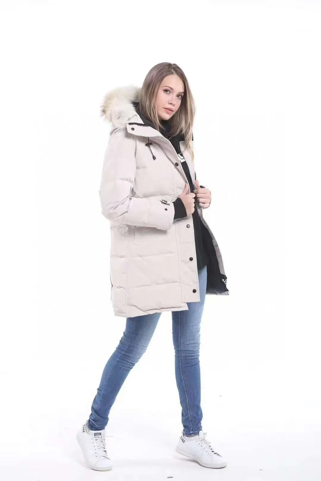 Shelburne Women's 15 Style down Jacket Hooded Wolf Fur Collar Thickened Long Sleeve Polyester Fabric White Duck down Coat