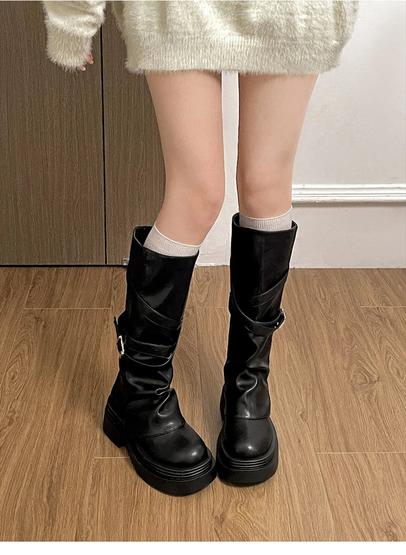 Vintage Thick Heel Women Knight Long Boots Fashion Slip On Knee High Booties Autumn Winter Shoes Zapatos De Mujer