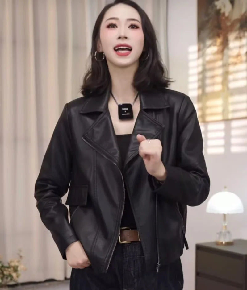 2026 Fashion Autumn PU Leather Jacket Women New Short Leather Coat Retro Lapel Sweet Motorcycle Outerwear Ladies Overcoat Top