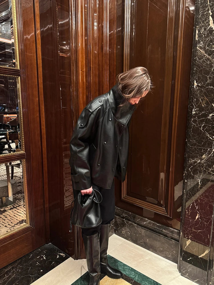 Street Black Women's Leather Jacket Autumn High Neck Double Breasted Full Sleeve Jackets 2026 Winter Lady Fashion Outwears