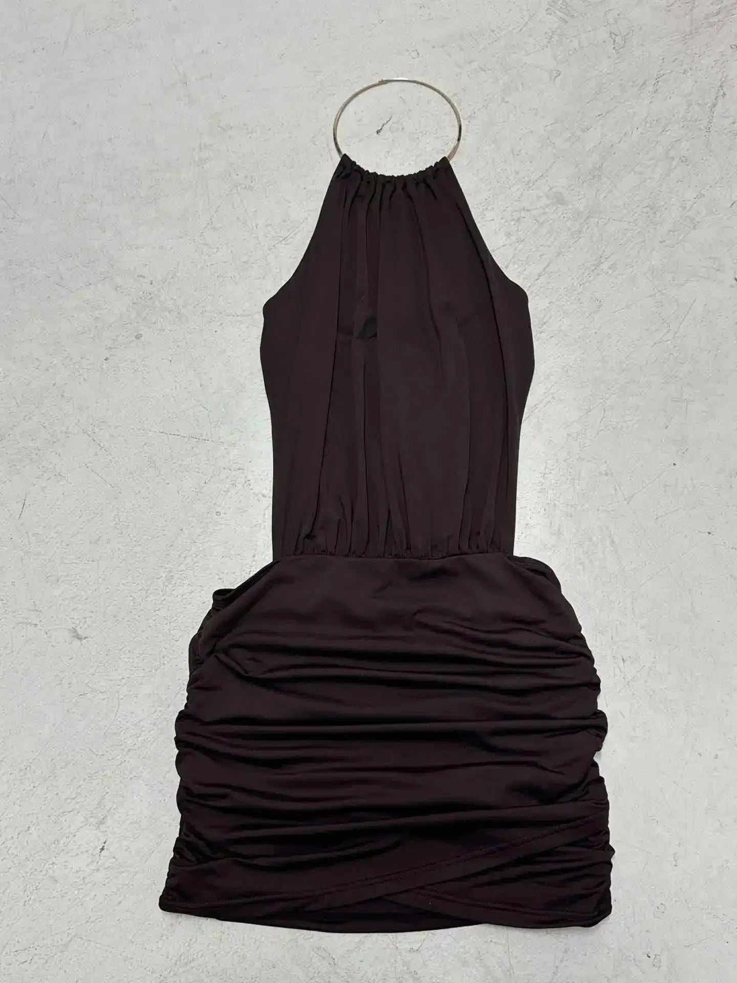 Metal Ring Halter Ruched Bodycon Mini Dress Women 2025 Summer Sleeveless Lace Up Backless Hipster Slim Party Clubwear Vestidos
