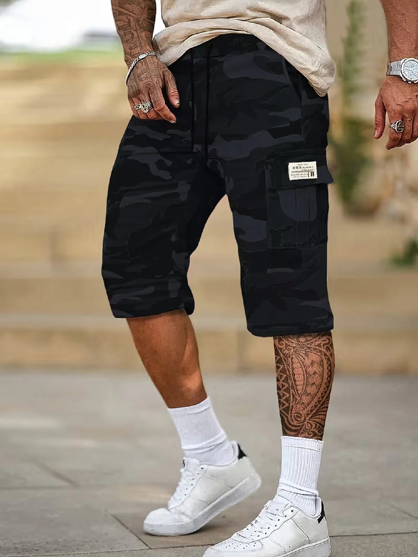 Men's Casual Cargo Shorts — All-Over Print, Non-Stretch Woven Fabric. Features a Dual Elastic Waistband and Drawstring Design; A
