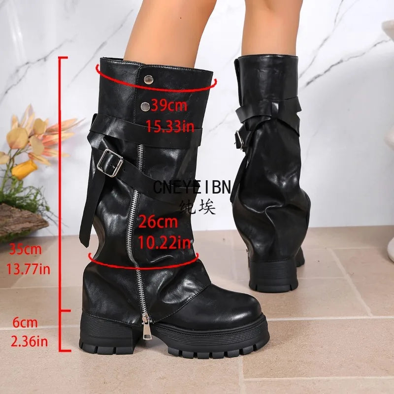 Platform Chunky Sole Women Knee High Boots Buckle Strap Side Zipper Shoes Autumn Winter Vintage Ladies Non Slip Long Boots