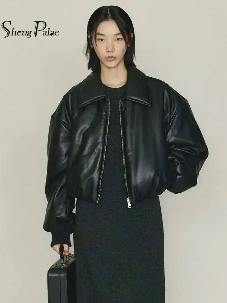 SHENGPALAE Women's Fashion 2026 Autumn Winter New Clothes Solid Color Leather Thicken Warm Female Short Cotton Jacket 5C1437