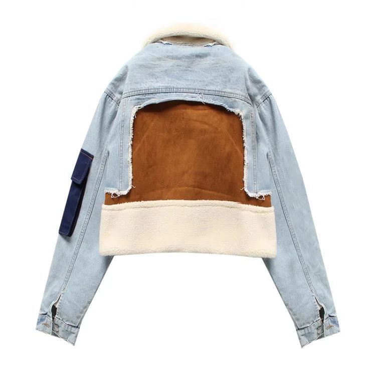 Women Padded Jacket Denim Splicing Jacket Winter New Lamb's Wool Liner Thickened Short Section Biker Jacket Cotton Jacket 2024
