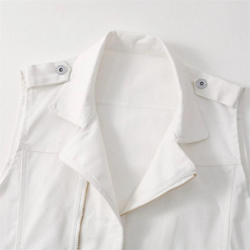 2025 New Women's Denim Tank Top Jacket Fashion Spring Summer Zipper White Sleeveless Tank Tops Female Jeans Coat