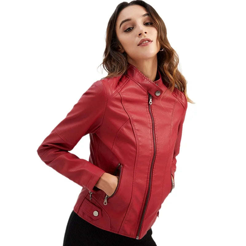 Autumn New Women's Leather Jacket, Fashionable Trim Motorcycle Women PU Coat Black Purple Brown Tops Female Menteau