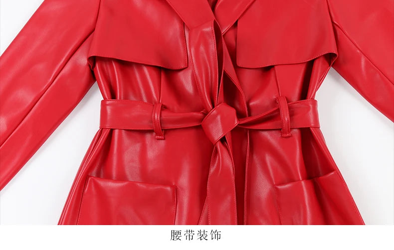 Nerazzurri Spring Autumn Long Red Soft Pu Leather Trench Coat for Women Pockets Sashes Luxury Elegant Chic Stylish Overcoat 2023