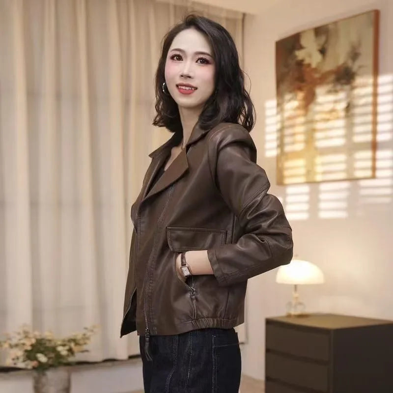 2026 Fashion Autumn PU Leather Jacket Women New Short Leather Coat Retro Lapel Sweet Motorcycle Outerwear Ladies Overcoat Top