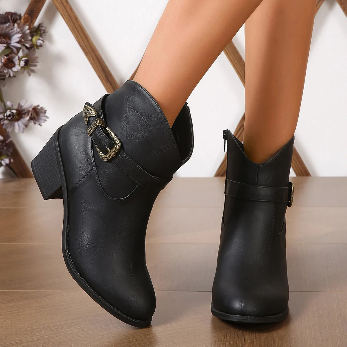 Europe and the United States Fashion Boots PU Brown Side Zipper Metal Buckle with High-Heeled Low Boots