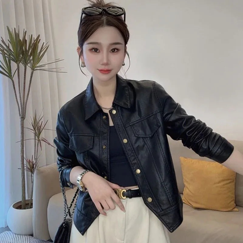 Women Autumn Winter Casual Faux Leather Biker Jacket Lapel Collar Loose Short Pu Coat Versatile Outerwear