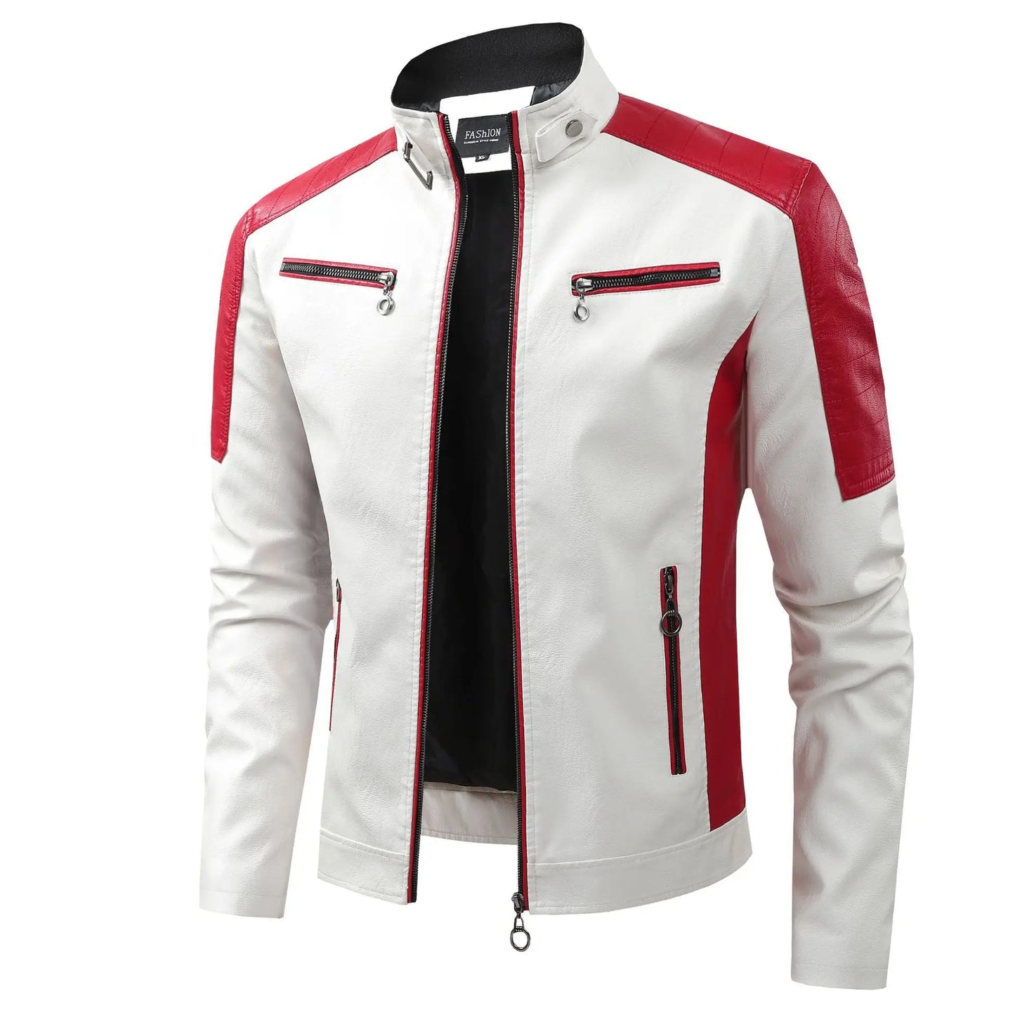 White and Red Patchwork Men's PU Jacket, Stylish Vintage Biker Faux Leather Coat, Available in Black or Brown.