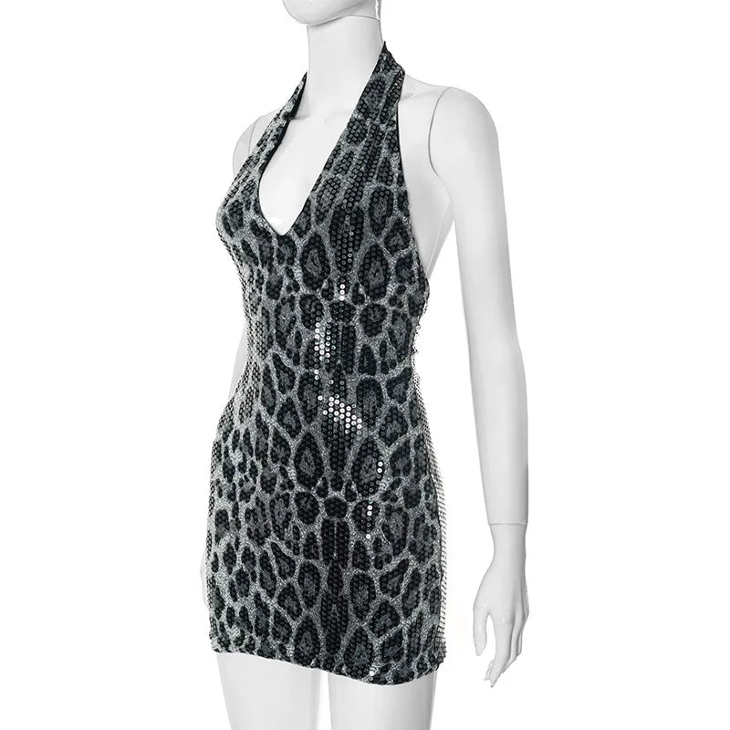 Sexy Dress Dresses 2025 Woman Vestidos Animal Print Backless Halter Neck Package Hip Sleeveless Wild Hot Girl Style Street Wind
