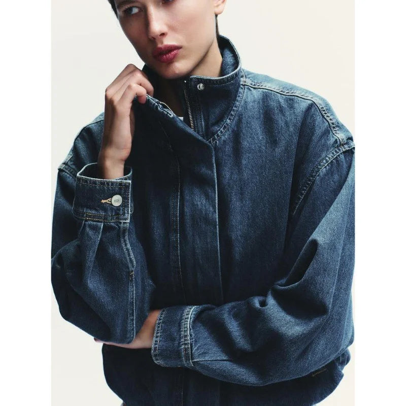 Vintage Washed Denim Zip Up Jacket High Collar Relaxed Fit Slant Pockets Women Streetwear Short Jean Coat Valentine Gift 260602