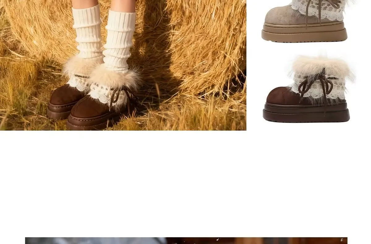 Korean Style Lace Snow Boots 2025 Winter Plush Warm Short Boots Girls Sweet Thick Bottom Casual Boots Students Cotton Shoes