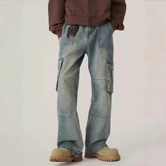 Retro American Streetwear Multi-Pocket Patchwork Work Pants Loose Straight Leg Vintage Jeans Casual Long Trousers for Men And...