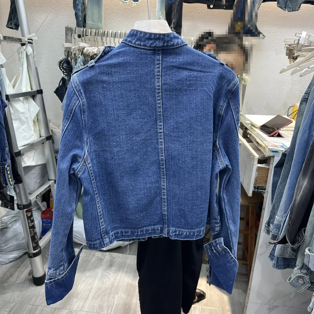 Vintage Denim Military Jacket Women Retro Solid Round Neck Single Breasted Slim Short Jackets 2026 Lady Daily Street Outerwears