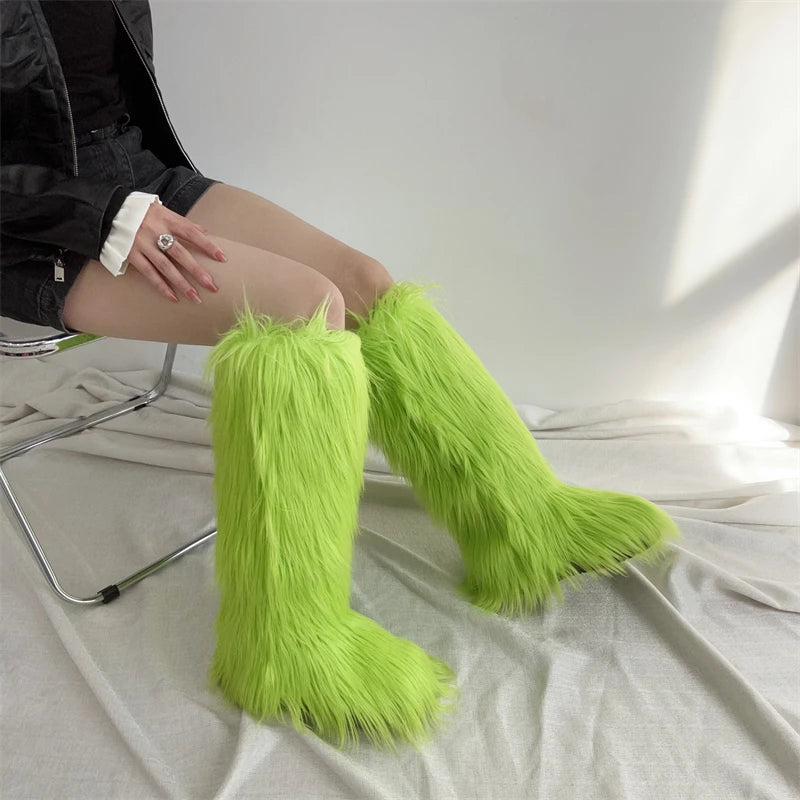 Hot Sale Ins Fashion Long Women Furry Boots Winter Knee Length Keep Warm Ladies Snow Boots