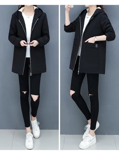 2023 Autumn Winter New Thick Warm Lamb Wool Cotton-padded Coat Women's Mid-length All-fit Loose Hooded Female Blouse