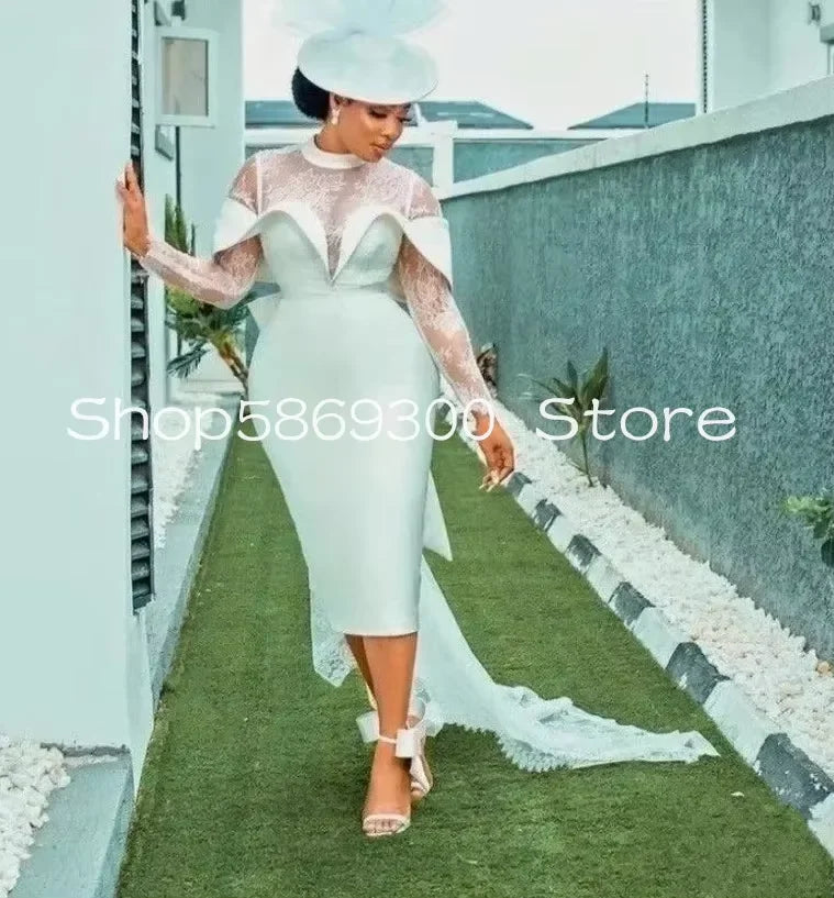 White Wedding Dress Lace Long Sleeves Tea Length Satin Classic African Women Bridal Party Gowns Vestidos De Noiva customized