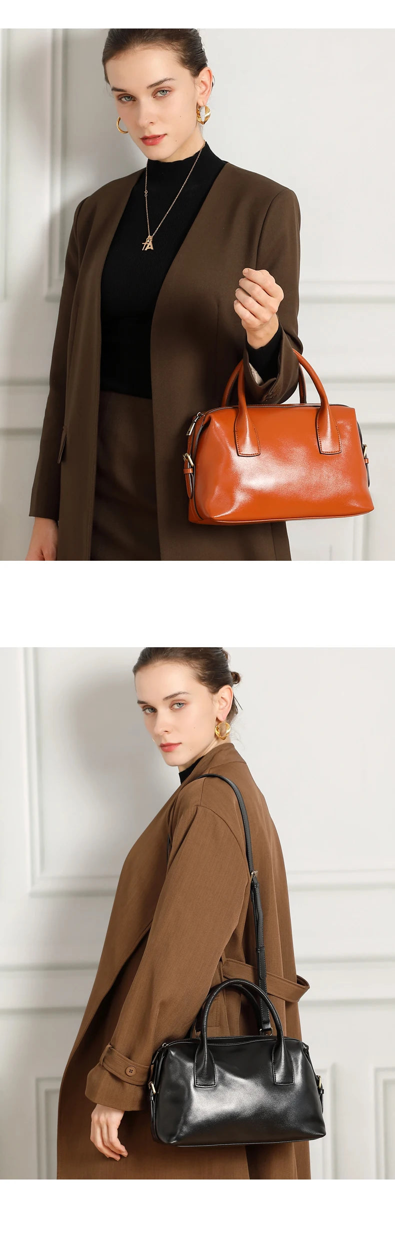 BURMINSA Genuine Cowhide Leather Handbags For Women Retro Pillow Top Handle Bags Bowling Daily Work Crossbody Shoulder Purses