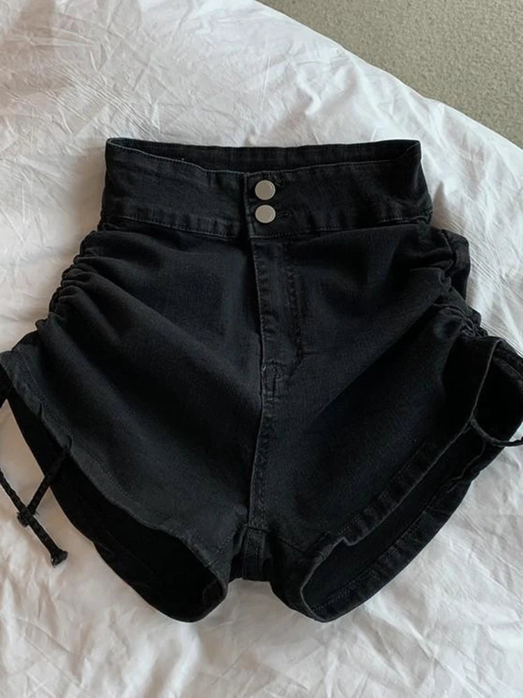 Zoki Sexy Shirring Slim Denim Shorts Women Fashion Korean High Waist Casual Shorts Summer Button All Match Harajuku Shorts New