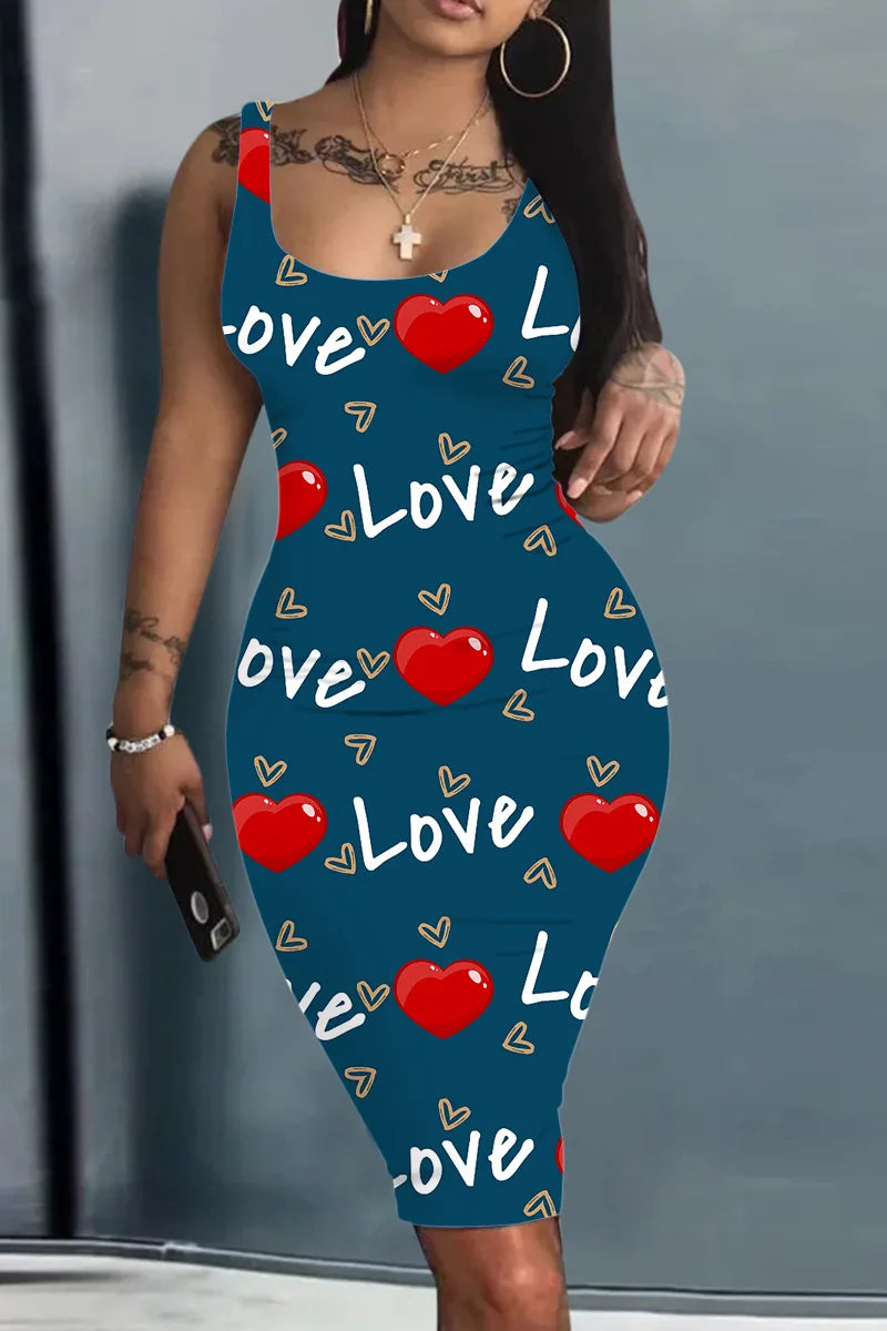 Платье Женское Plus Size Summer Women's Dress Large Size Contrast Heart Print U-Neck Sleeveless Casual Bodycon Mini Dresses