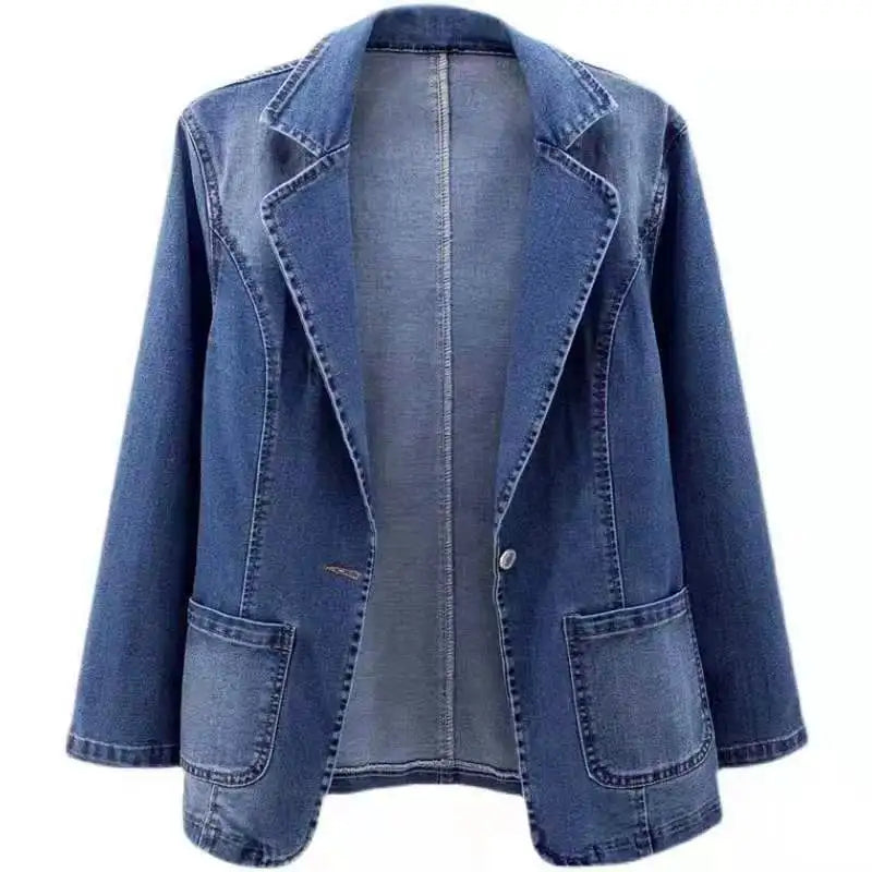 Spring Autumn New One Button Design Denim Jacket For Women Slimming Fit Suit Collar Solid Color Cardigan Blue Cowboy Outer Wear
