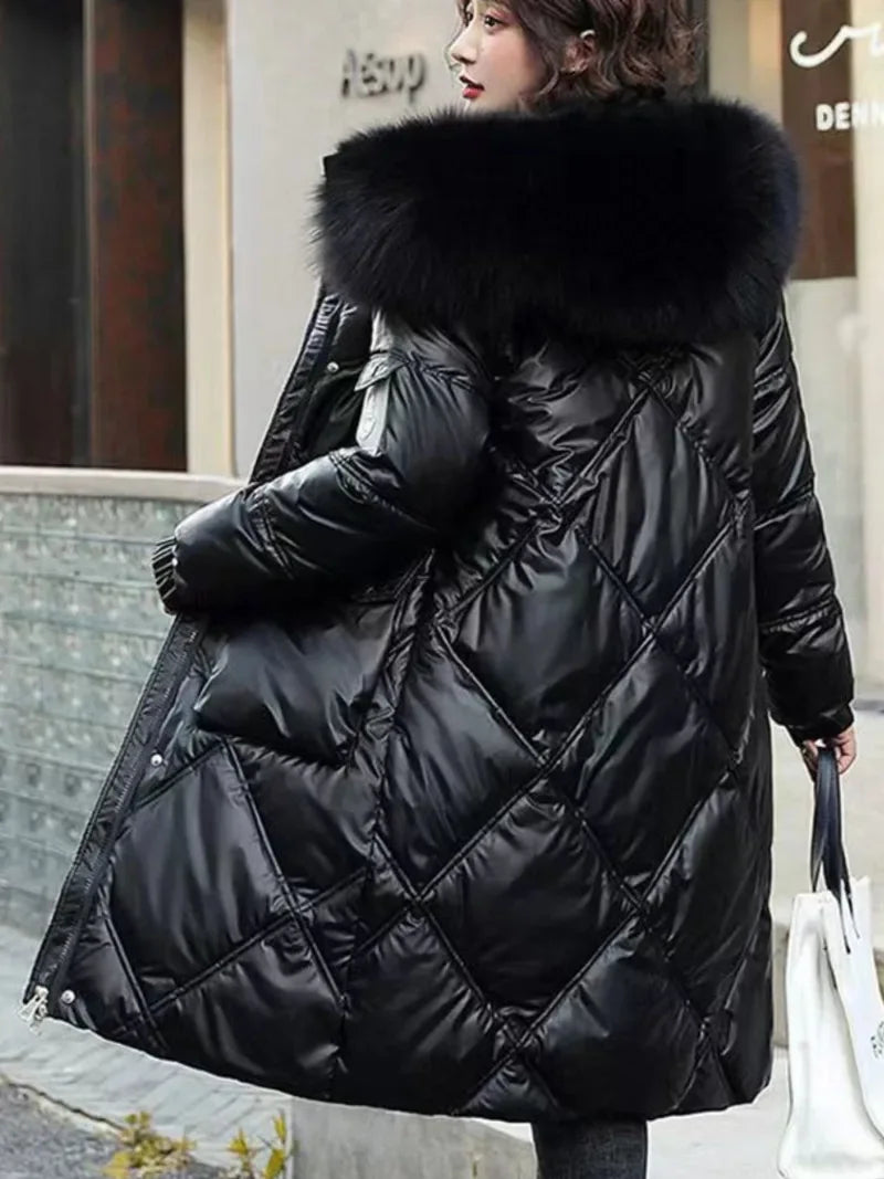 2023 Autumn Winter Hooded Fur Collar Long Parkas Mujer Thick Warm Down Cotton Padded Jacket Women Casual Hoodies Coat Female