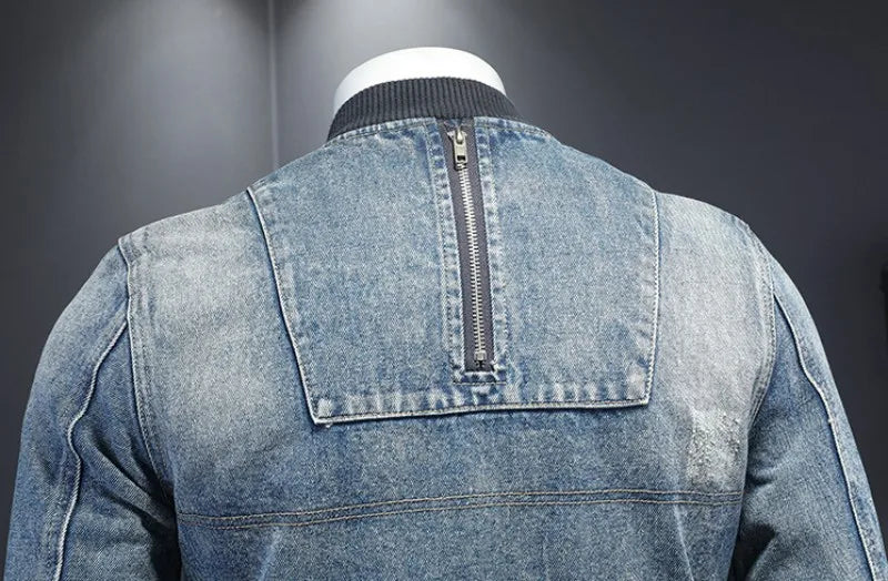 Mens Denim Bomber Jacket Slim Fit Vintage Moto Biker Short Cargo Coat Male Long Sleeve High Street Stand Collar Pilot Jackets
