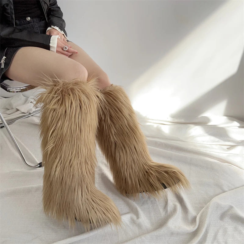 Hot Sale Ins Fashion Long Women Furry Boots Winter Knee Length Keep Warm Ladies Snow Boots